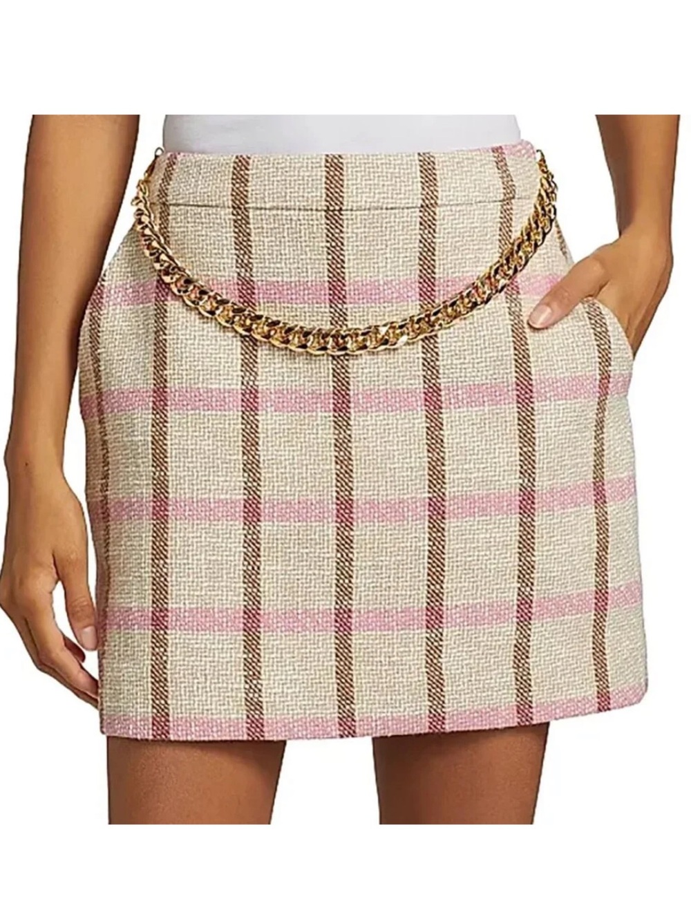 Designer Toccin Pink and Tan Plaid Mini Skirt With Chain Detail